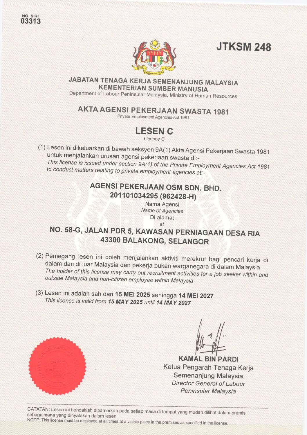 CERT LICENSE C (UNTIL 14052027) - EXP